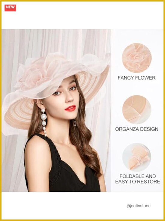 Wide Brim Derby Hat Organza Veil Feather Fascinator UV Protection Sun Hat main image 4